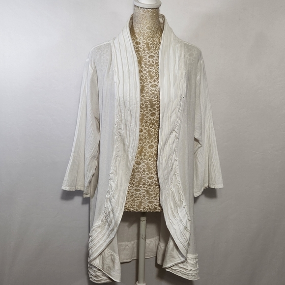 ABACA Cardigan White Open Front Embroidered Trim Lightweight Breathable SZ L - Picture 1 of 14